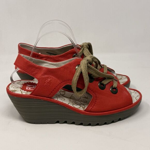 Fly London Ylva Wedge Sandals Womens 10 EU 41 Red Leather Ankle Strap Lace Up - Picture 1 of 16